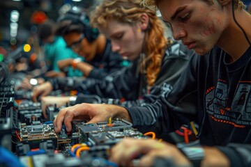 High school students building a robot for a competition.