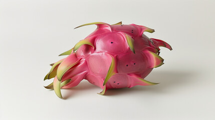 Obraz premium A dragon fruit on a white background, showcasing its vibrant pink skin and green tips, textured and smooth