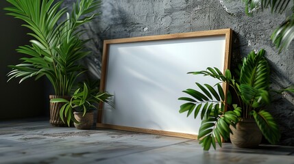 Blank Canvas with Tropical Plants and a Wooden Frame