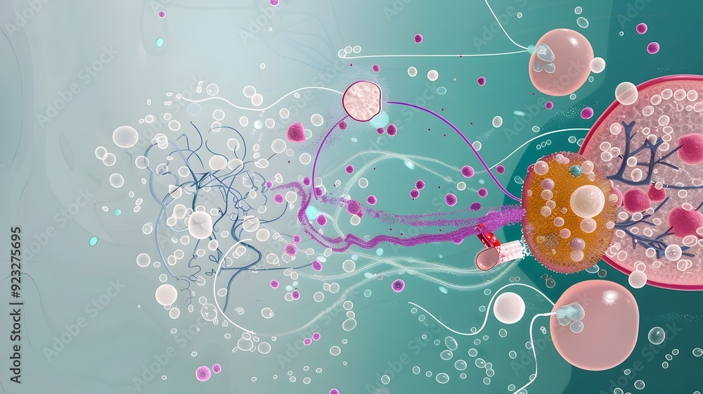 Poster abstract cellular structure with pink and orange shapes.