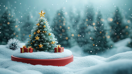 New Year scene featuring a green Christmas tree with star decorations and snowy gift boxes on a red round podium, in a 3D cartoon style.