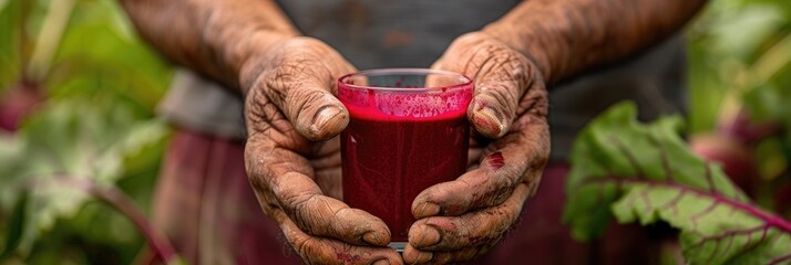 Hands of a man gripping fresh beet juice