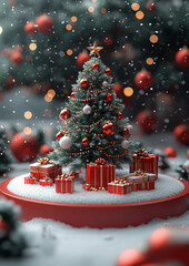 Festive Happy New Year backdrop featuring a green Christmas tree, starry decorations, and snowy gift boxes on a red round podium, in 3D cartoon style.