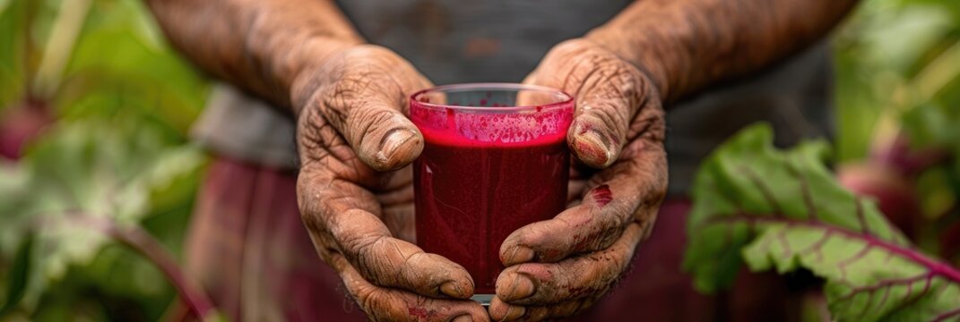 Hands of a man gripping fresh beet juice