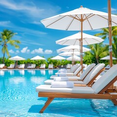 Luxurious resort pool with wooden loungers, umbrellas, and palm trees under a bright blue sky, creating a perfect tropical getaway.