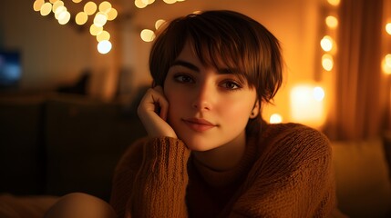 A portrait of a podcast host with a thoughtful expression, resting chin on hand, and warm, cozy background.