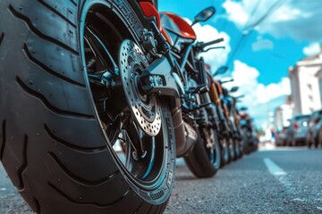 Motorcycles In A Row. New sport bikes lined up on city road