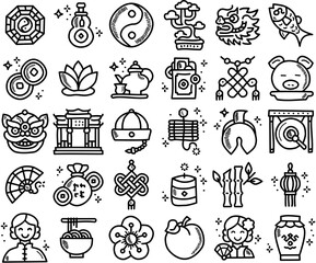 A Collection Of Chinese New Year Doodles Icons Web Header Banner Design Containing Luck,New-Year,Festival,Chinese,Celebrate Set Vector Flat Line Icons