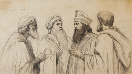 Fototapeta premium Biblical Illustration of The Death of Ahaziah and the Reign of Jehoram: Jehoram Consulting with Advisors on Strengthening His Rule, Beige Background