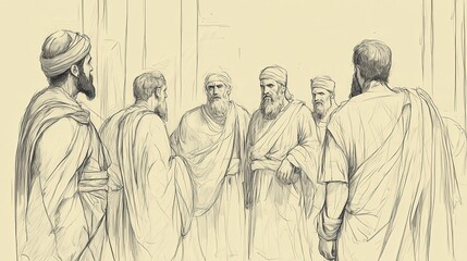 Fototapeta premium Jehu Emerges from the Room After His Anointing, His Fellow Commanders Curious About What Has Happened, 2 Kings Biblical Illustration, Bible Wall Art, Beige Background