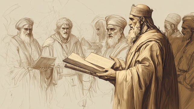 Josiah Reads the Book of the Law Aloud to the People, Renewing Their Covenant with the Lord, 2 Kings Biblical Illustration, Bible Wall Art, Beige Background