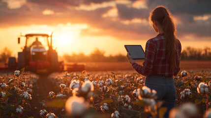 Female smart farmer using digital tablet in field and inspecting cotton harvesting. Agriculture and technology concept.