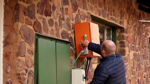 Person safely turns off main power switch and disconnects electrical supply in an old building, demonstrating caution while using electricity