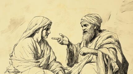 Fototapeta premium Biblical Illustration of Prophecies Against Jeroboam: Ahijah Foretelling the Death of Jeroboam’s Son to His Wife, Beige Background