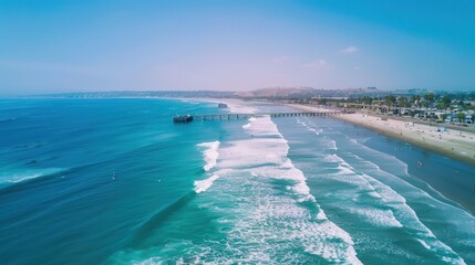 Pacific Beach Aerial View with Crystal Pier in San Diego California. Beautiful Blue Ocean Background