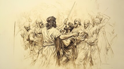 Naboth Stoned to Death Due to Jezebel&rsquo;s False Accusations, 1 Kings Biblical Illustration, Bible Wall Art, Beige Background