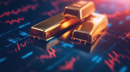 Gold bars placed on top of fluctuating stock market graphs, representing the steadiness of gold in a volatile market gold investment, market stability