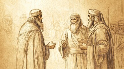 Fototapeta premium Biblical Illustration of 2 Kings: Jehu and Jehonadab Forming Alliance to Restore True Worship, Bible Wall Art with Beige Background for Spiritual Renewal