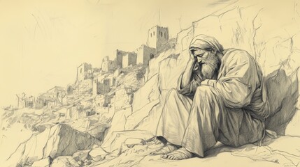 Fototapeta premium Biblical Illustration of The Fall of Jerusalem and the Exile: Prophet Jeremiah Weeping Among the Ruins, Lamenting the Fate of His People, Beige Background