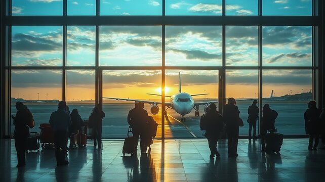 Travelers at Airport Terminal Watching Airplane During Sunset Through Large Windows