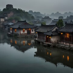 Fototapeta premium a small river with a bridge and a reflection of a building in the water.