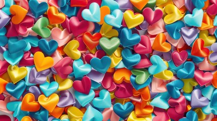 Small, colorful heart shapes cover a surface, creating a cheerful and joyful ambiance for a celebration