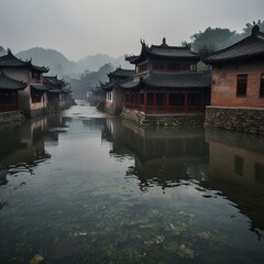 Naklejka premium a small river with a bridge and a reflection of a building in the water.