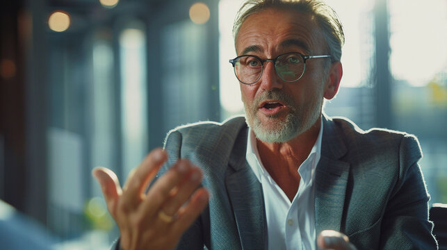 Mature business man close up portrait while explaining, talking, speaking, negotiating, training. - Powered by Adobe