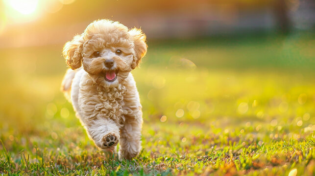 Cute brown poodle dog running through green grass in the summer