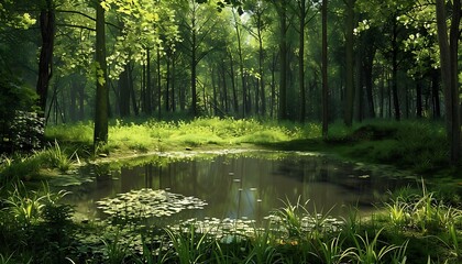 Fototapeta premium Beautiful forest with pond and flowers