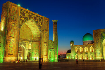 Registan Square in night illumination. Fairytale Arabian night.