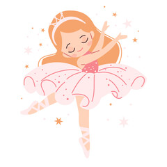  Flat vector illustration in children's style. Cute ballerina dancing on white background. Vector illustration