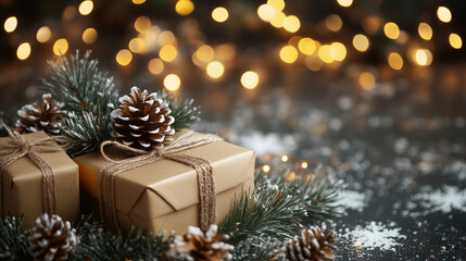 copy space, stockphoto, christmas and new year background, gift boxes,pine cones,branches on the background of bokeh garlands. Christmas greeting card design, merry Christmas, invitation card. Backgro