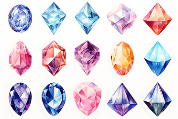 Watercolor crystal gems set. Hand drawn illustration isolated on white background