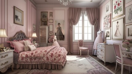 Chic Parisian Dream Elegant Furniture Mannequin Dressup and Framed French Art in a Sophisticated Girl's Bedroom
