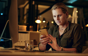 Phone, communication and businesswoman in office at night reading report on investment risk. Cellphone, contact and female actuary with feedback for client on finance growth strategy in workplace.