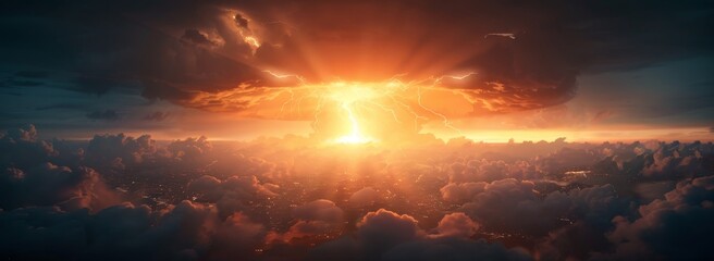 Fototapeta premium A bright orange explosion in the sky with a city below by AI generated image