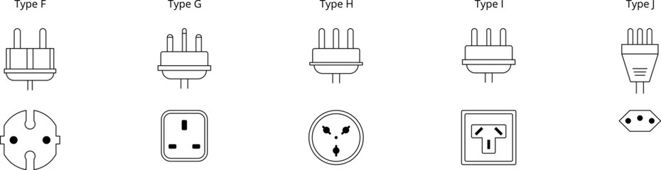 Electrical plug types and outlets by country. Power socket - World standards icons set. Vector illustration.