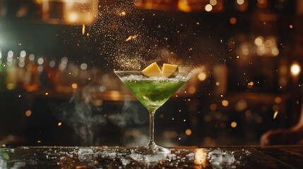 Elegant Green Cocktail in Martini Glass with Lemon Garnish at Trendy Bar with Dramatic Lighting