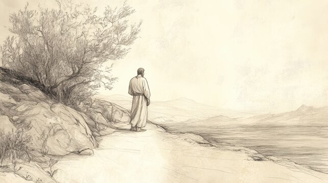 The Brook Cherith Gradually Dries Up as Elijah Contemplates His Next Move, 1 Kings Biblical Illustration, Bible Wall Art, Beige Background