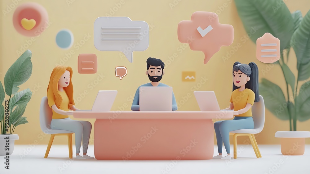 Poster 3d illustration of people collaborating on a project with laptops.