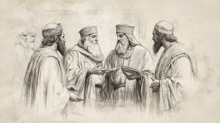 Fototapeta premium Biblical Illustration of The Death of David and the Reign of Solomon: Solomon Instructing His Officials, Demonstrating New Authority and Wisdom, Beige Background