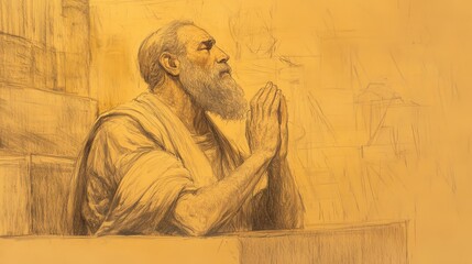 Fototapeta premium Biblical Illustration of The Reign of Hezekiah: Hezekiah Praying Earnestly in the Temple, Laying Sennacherib's Threatening Letter Before the Lord, Beige Background