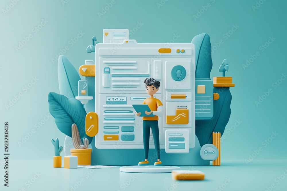 Poster 3d illustration of a person using a website.