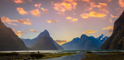 Panorama view  with Mitre Peak, Milford Sound, New Zealand ,Fiordland national park