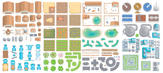 Top view. A collection of isolated vector illustrations of agricultural and livestock eco-friendly farms. Eco-conscious production equipment. Farm buildings, machinery, fields, ponds, equipment