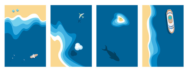 Top view of a set of colour minimalistic vector illustrations the coastline of sea,  island, airplane above the sea, yacht, beach umbrellas, seagulls, clouds, cruise ship. View from above