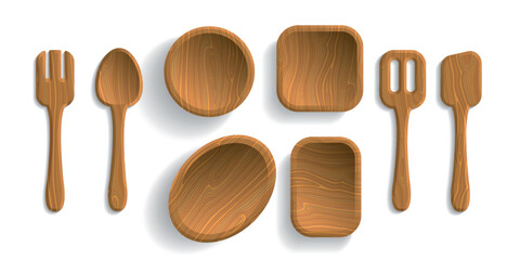 A set of kitchen accessories made of natural wood: spoon, fork, spatula, plate round, square, rectangular, oval. Top view, vector illustration