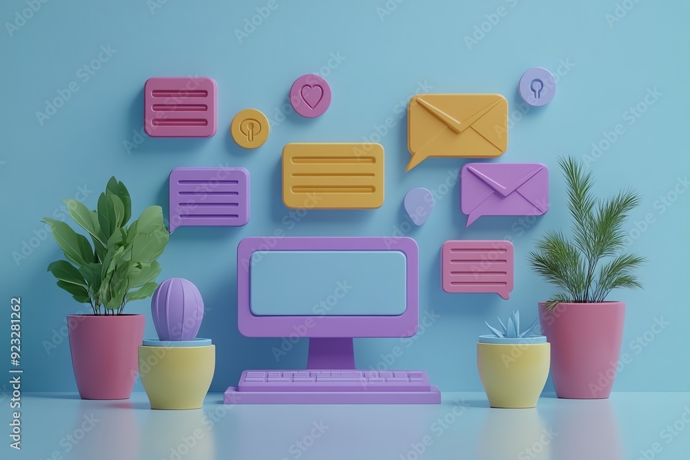 Poster pastel colored computer and keyboard with plant pots and icons.