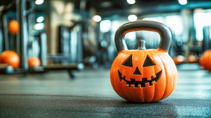 Kettlebell in the shape of a Halloween pumpkin on gym background for Halloween, fitness, gym workout, sport concept with copy space